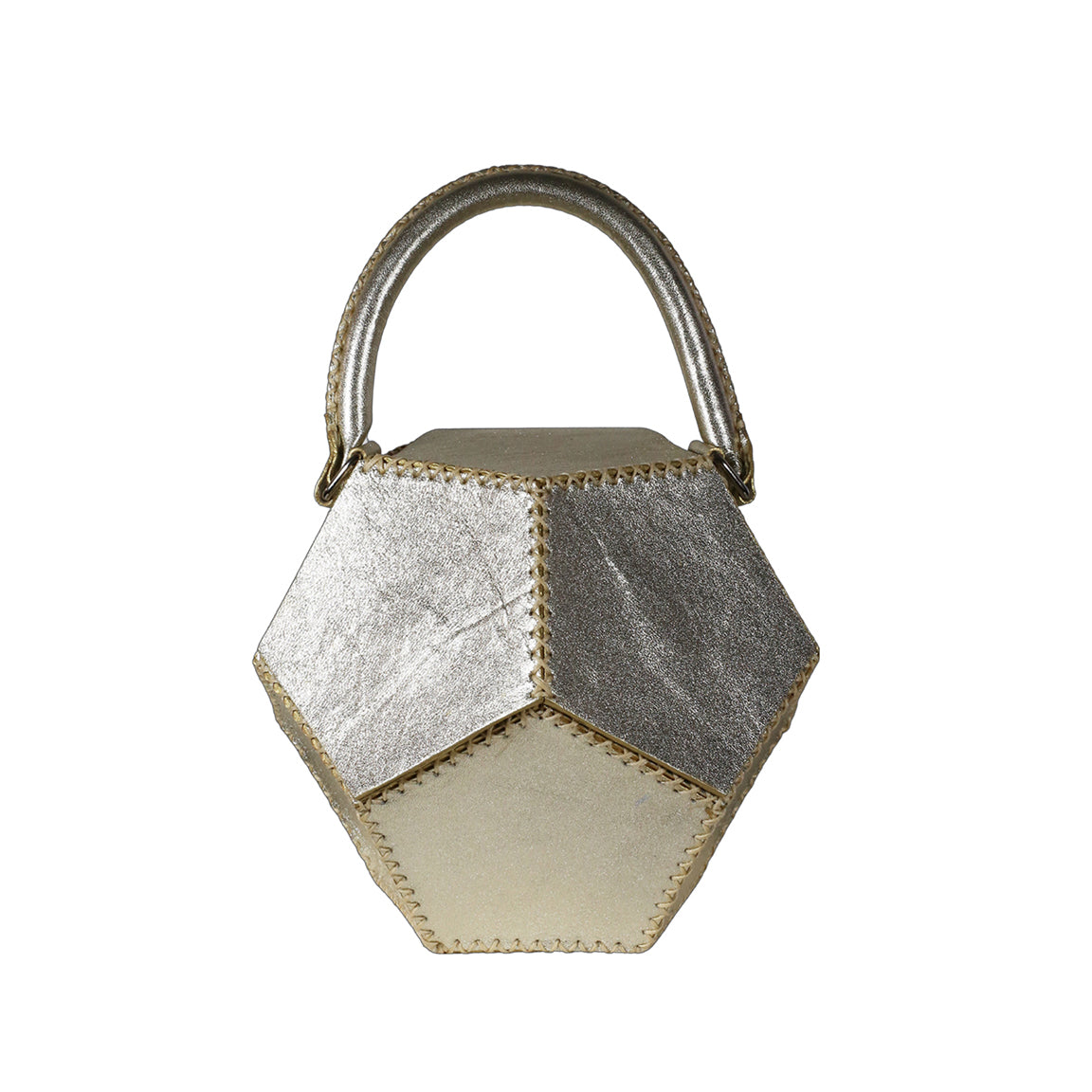 ATEN HANDBAG IN DODECAHEDRON SHAPE METALLIC PLATINUM LEATHER