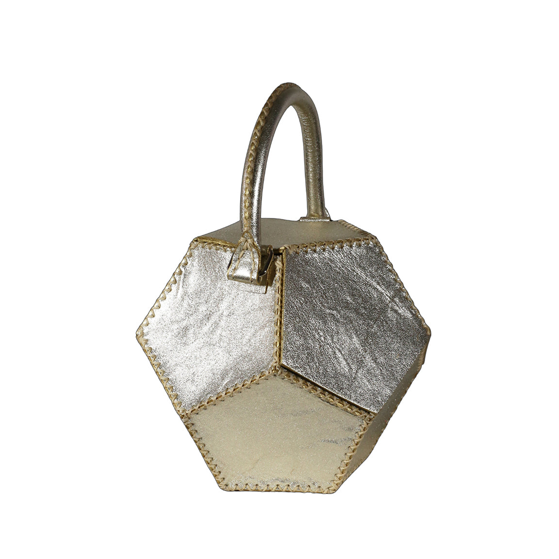 ATEN HANDBAG IN DODECAHEDRON SHAPE METALLIC PLATINUM LEATHER