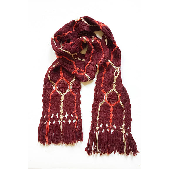 BERNITA ARTISANS-MADE ITALIAN PURE WOOL MACRAME' SCARF IN WINE ORANGE BEIGE