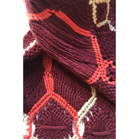 BERNITA ARTISANS-MADE ITALIAN PURE WOOL MACRAME' SCARF IN WINE ORANGE BEIGE