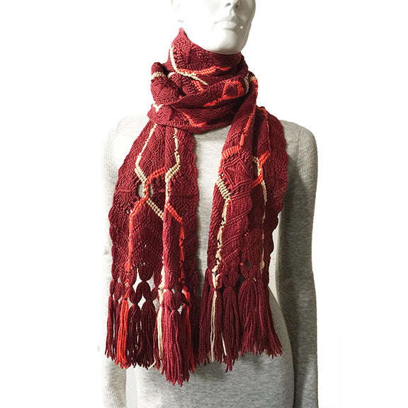 BERNITA ARTISANS-MADE ITALIAN PURE WOOL MACRAME' SCARF IN WINE ORANGE BEIGE