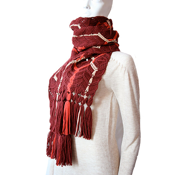 BERNITA ARTISANS-MADE ITALIAN PURE WOOL MACRAME' SCARF IN WINE ORANGE BEIGE