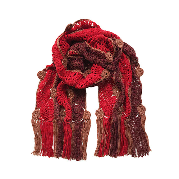 BONNIE ARTISANS-MADE CASHMERE WOOL CROCHET SCARF IN RED WINE CAMEL