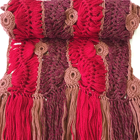 BONNIE ARTISANS-MADE CASHMERE WOOL CROCHET SCARF IN RED WINE CAMEL